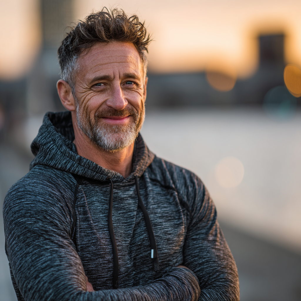 Happy mature man in his 50s exercising outdoors with a confident smile, wearing athletic clothing while following a healthy nutrition and fitness routine, representing active lifestyle and wellness in middle age